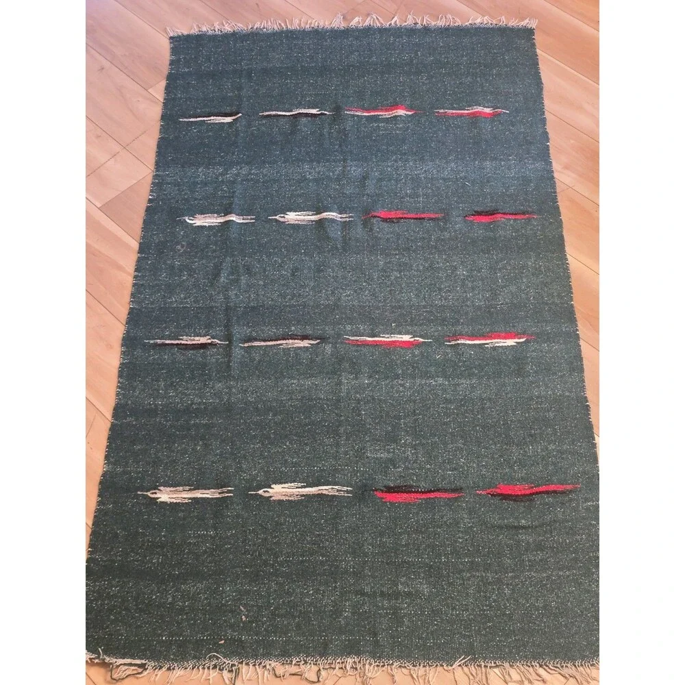 Vintage 90s Mexican Woven Rug Wall Hanging Green Bird Roadrunner Southwest 72x41